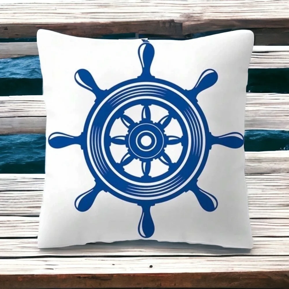 Coastal Pillow Cover Ship Wheel Nautical Beach Decor Square 17.75 in Blue White